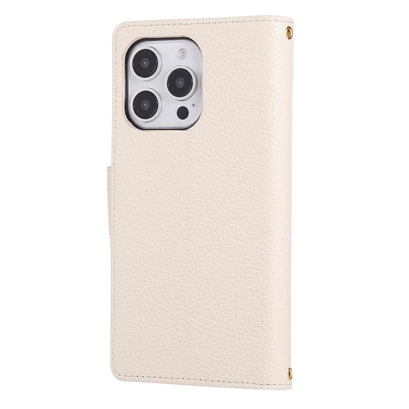 For iPhone 16 Pro Max Case Zipper Wallet Leather Phone Cover with Wrist Strap - Beige