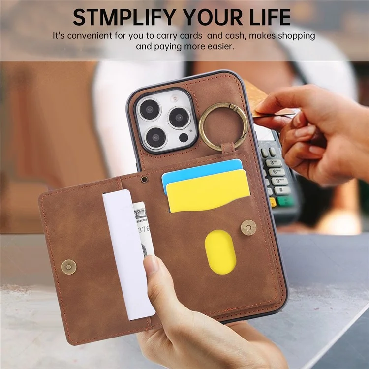 For iPhone 16 Pro Max Case Card Holder Kickstand Leather + TPU Phone Cover with Ring Holder - Brown