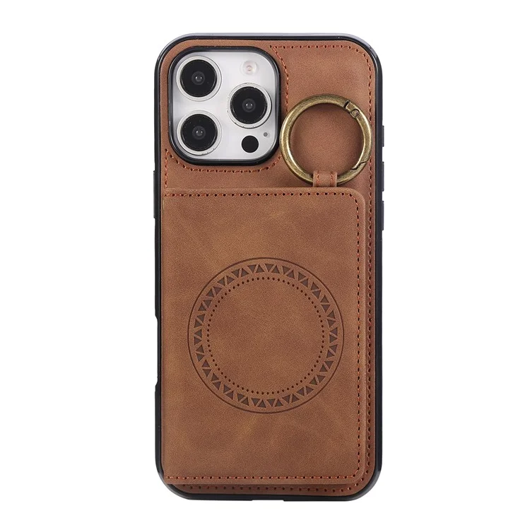 For iPhone 16 Pro Max Case Card Holder Kickstand Leather + TPU Phone Cover with Ring Holder - Brown