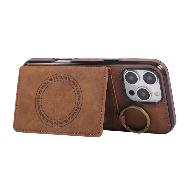 For iPhone 16 Pro Max Case Card Holder Kickstand Leather + TPU Phone Cover with Ring Holder - Brown