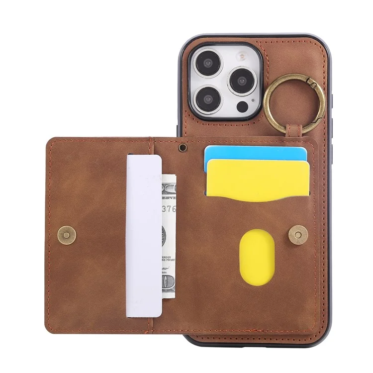 For iPhone 16 Pro Max Case Card Holder Kickstand Leather + TPU Phone Cover with Ring Holder - Brown