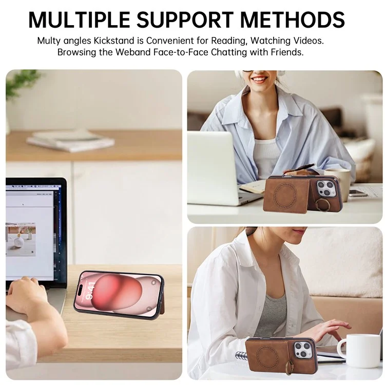 For iPhone 16 Pro Max Case Card Holder Kickstand Leather + TPU Phone Cover with Ring Holder - Brown