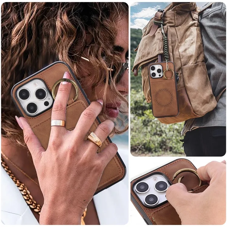 For iPhone 16 Pro Max Case Card Holder Kickstand Leather + TPU Phone Cover with Ring Holder - Brown