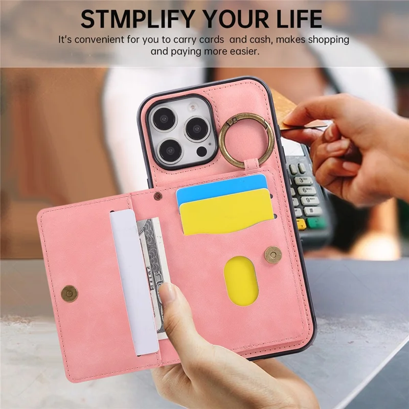 For iPhone 16 Pro Max Case Card Holder Kickstand Leather + TPU Phone Cover with Ring Holder - Rose Gold