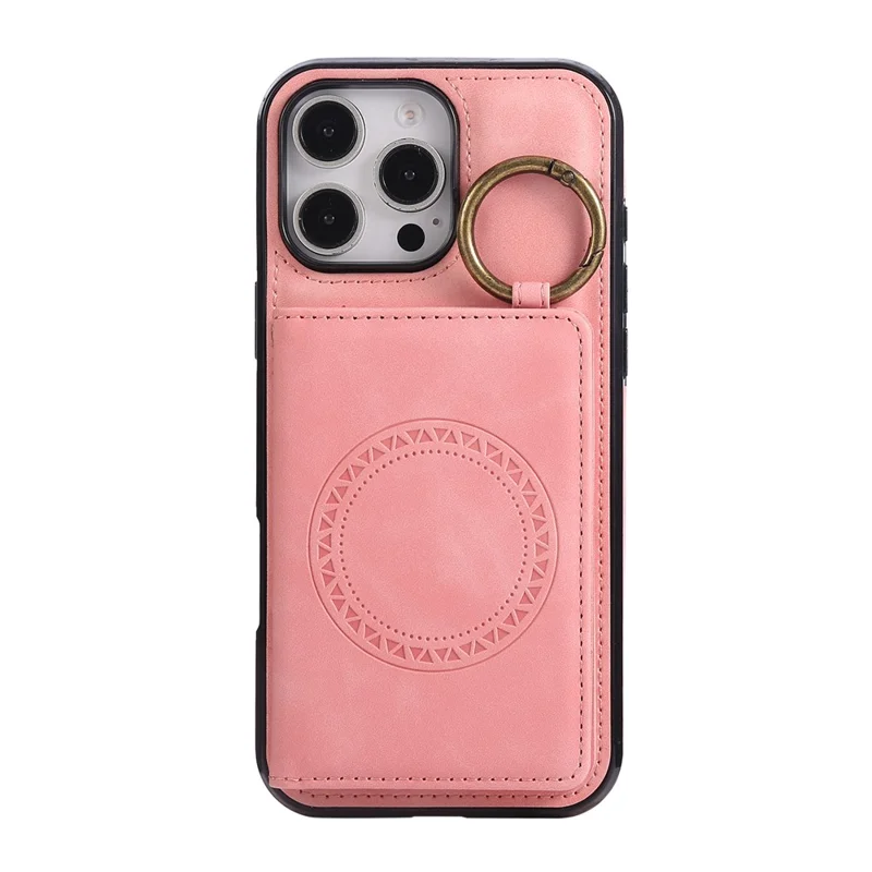 For iPhone 16 Pro Max Case Card Holder Kickstand Leather + TPU Phone Cover with Ring Holder - Rose Gold