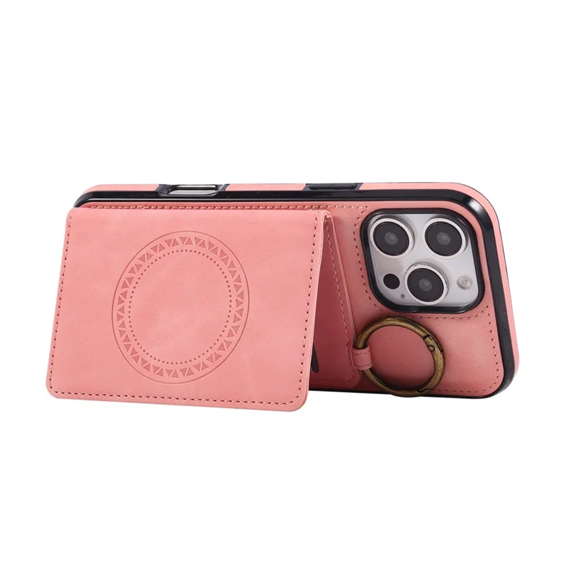 For iPhone 16 Pro Max Case Card Holder Kickstand Leather + TPU Phone Cover with Ring Holder - Rose Gold