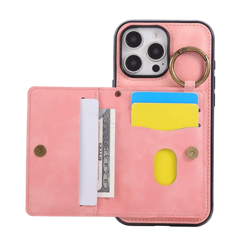 For iPhone 16 Pro Max Case Card Holder Kickstand Leather + TPU Phone Cover with Ring Holder - Rose Gold