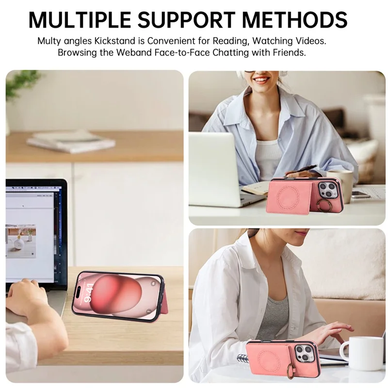 For iPhone 16 Pro Max Case Card Holder Kickstand Leather + TPU Phone Cover with Ring Holder - Rose Gold