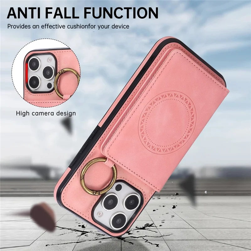 For iPhone 16 Pro Max Case Card Holder Kickstand Leather + TPU Phone Cover with Ring Holder - Rose Gold