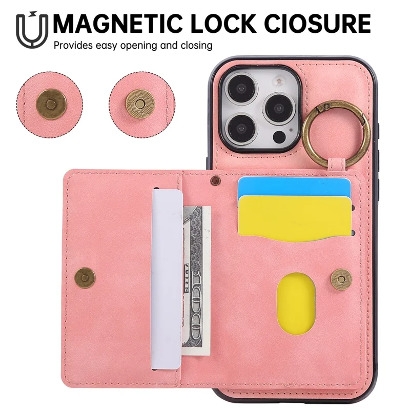 For iPhone 16 Pro Max Case Card Holder Kickstand Leather + TPU Phone Cover with Ring Holder - Rose Gold