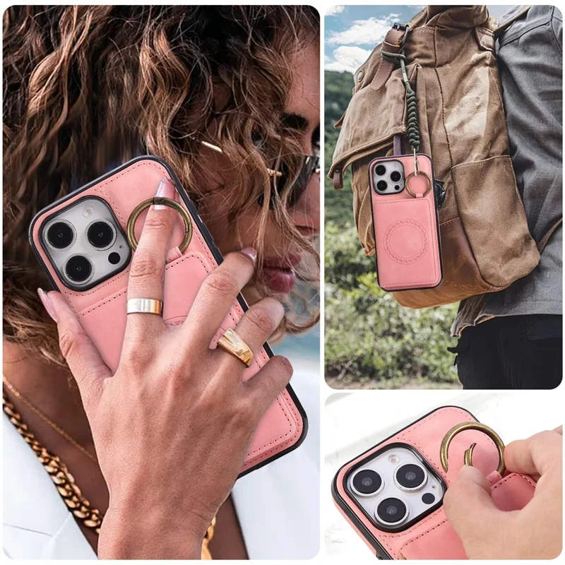 For iPhone 16 Pro Max Case Card Holder Kickstand Leather + TPU Phone Cover with Ring Holder - Rose Gold