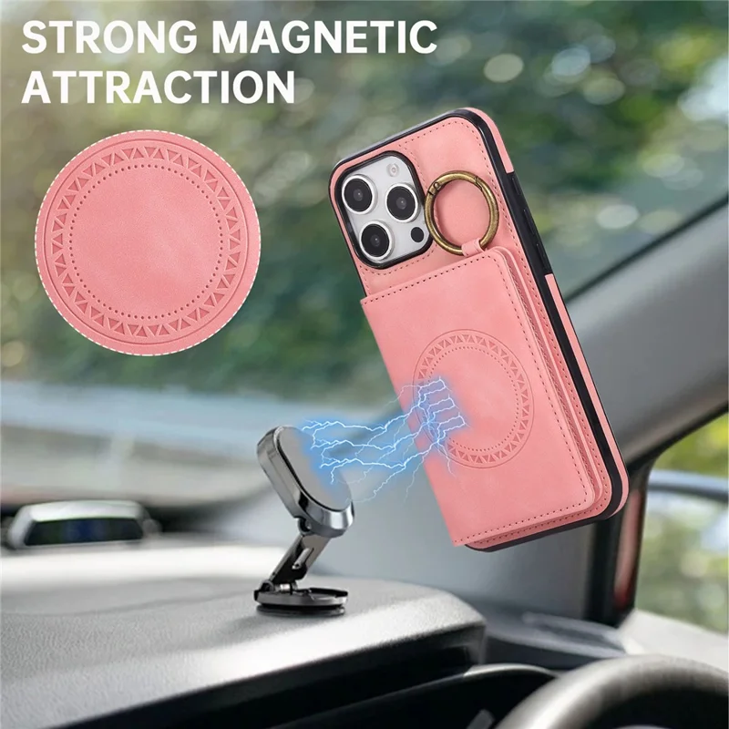 For iPhone 16 Pro Max Case Card Holder Kickstand Leather + TPU Phone Cover with Ring Holder - Rose Gold