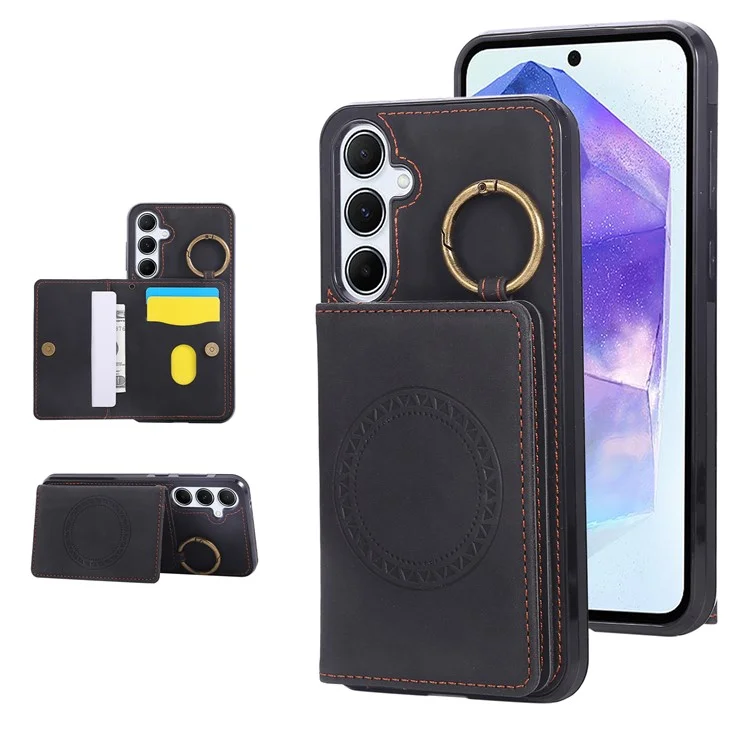 For Samsung Galaxy S24 FE Case Card Holder Kickstand Leather + TPU Phone Cover with Ring Holder - Black