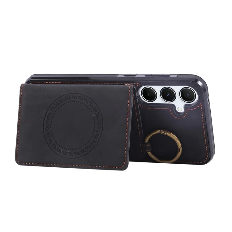 For Samsung Galaxy S24 FE Case Card Holder Kickstand Leather + TPU Phone Cover with Ring Holder - Black