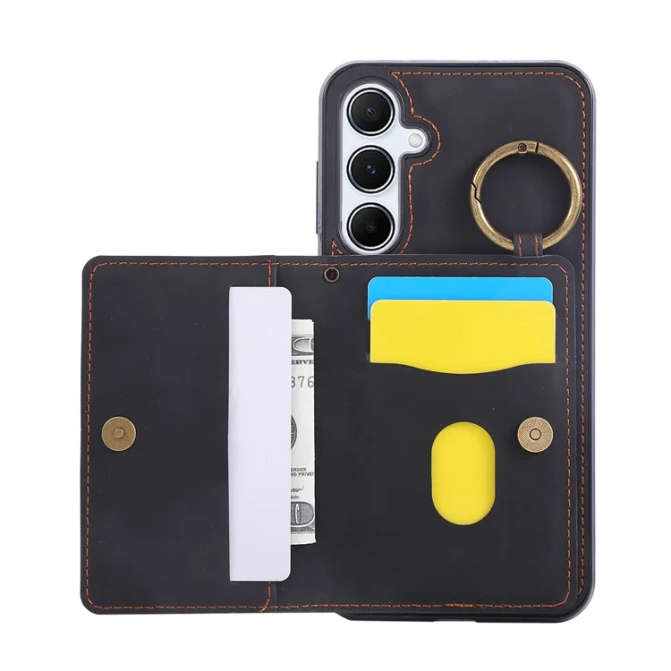 For Samsung Galaxy S24 FE Case Card Holder Kickstand Leather + TPU Phone Cover with Ring Holder - Black