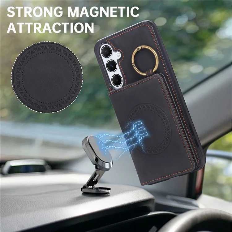 For Samsung Galaxy S24 FE Case Card Holder Kickstand Leather + TPU Phone Cover with Ring Holder - Black