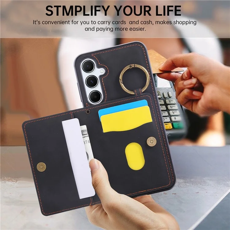 For Samsung Galaxy S24 FE Case Card Holder Kickstand Leather + TPU Phone Cover with Ring Holder - Black