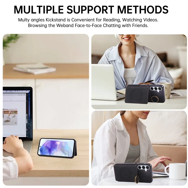 For Samsung Galaxy S24 FE Case Card Holder Kickstand Leather + TPU Phone Cover with Ring Holder - Black