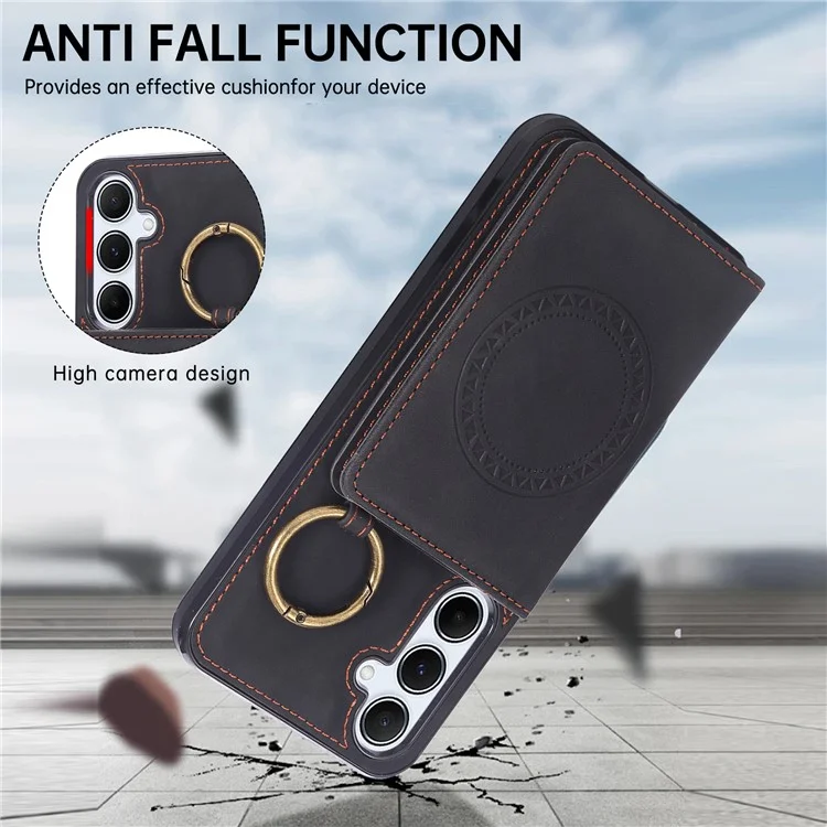 For Samsung Galaxy S24 FE Case Card Holder Kickstand Leather + TPU Phone Cover with Ring Holder - Black