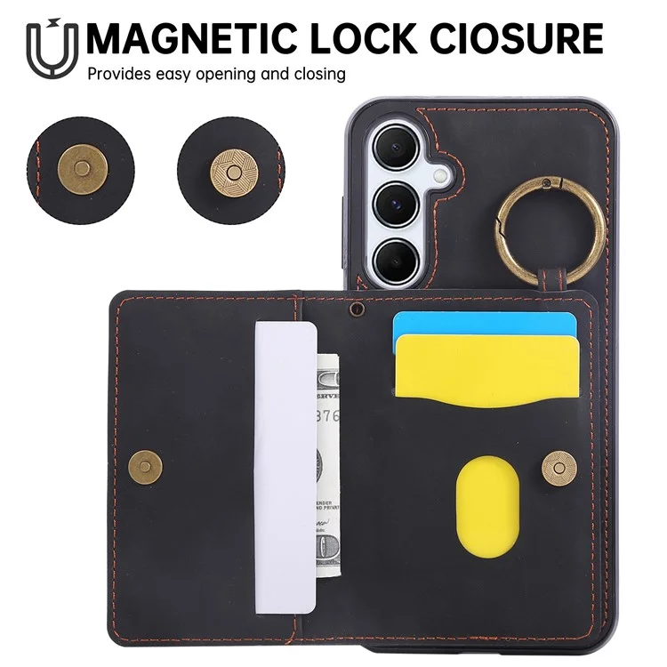 For Samsung Galaxy S24 FE Case Card Holder Kickstand Leather + TPU Phone Cover with Ring Holder - Black