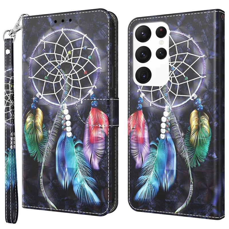For Samsung Galaxy S23 Ultra PU Leather Wallet Case 3D Pattern Printing Shockproof Phone Stand Cover with Wrist Strap - Dream Catcher