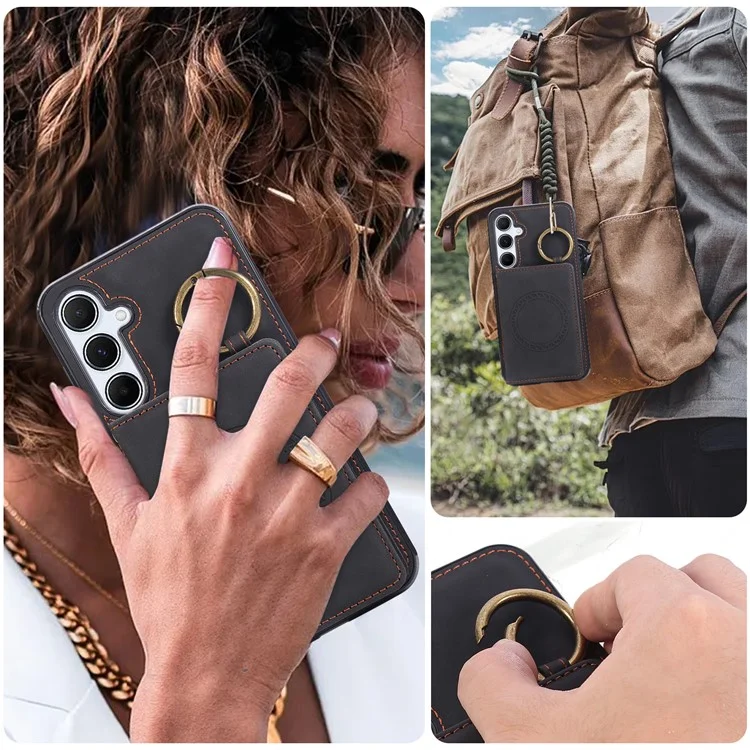 For Samsung Galaxy Galaxy S25+ / S24+ Case Card Holder Kickstand Leather + TPU Phone Cover with Ring Holder - Black