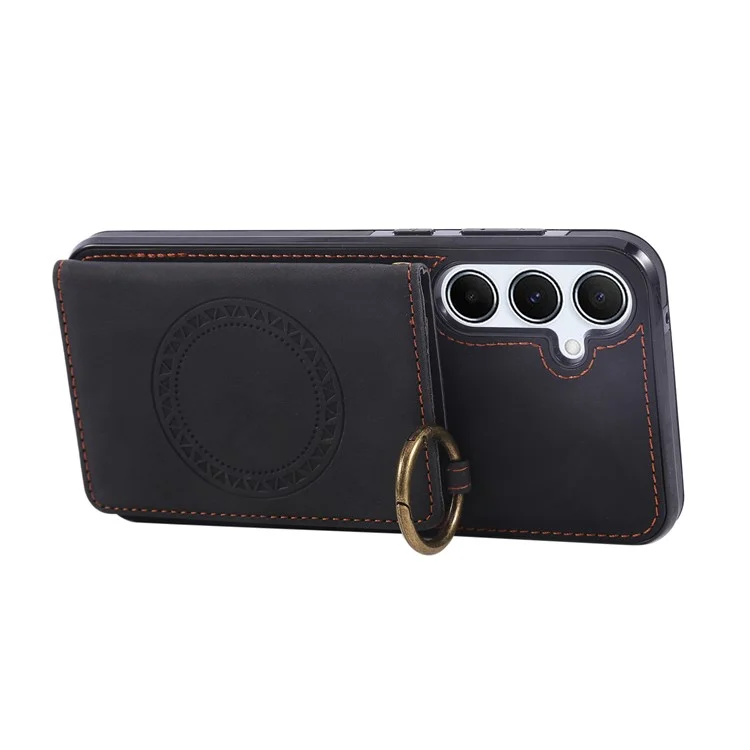 For Samsung Galaxy Galaxy S25+ / S24+ Case Card Holder Kickstand Leather + TPU Phone Cover with Ring Holder - Black