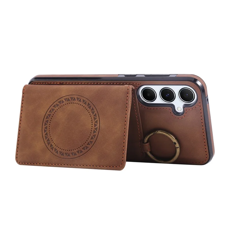 For Samsung Galaxy S25 / S24 Case Card Holder Kickstand Leather + TPU Phone Cover with Ring Holder - Brown