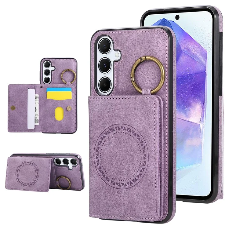 For Samsung Galaxy A56 5G Case Card Holder Kickstand Leather + TPU Phone Cover with Ring Holder - Purple