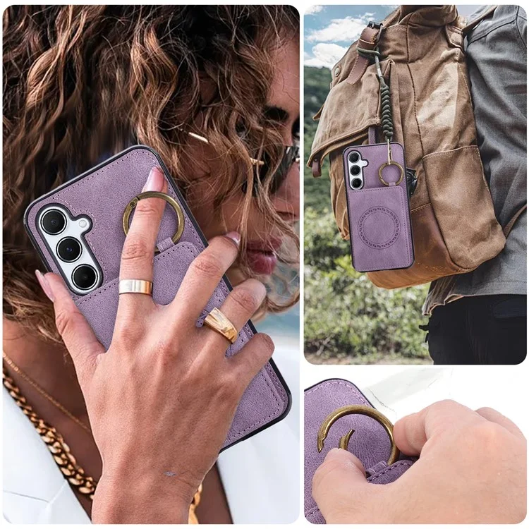 For Samsung Galaxy A56 5G Case Card Holder Kickstand Leather + TPU Phone Cover with Ring Holder - Purple