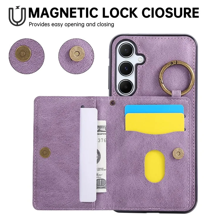 For Samsung Galaxy A56 5G Case Card Holder Kickstand Leather + TPU Phone Cover with Ring Holder - Purple