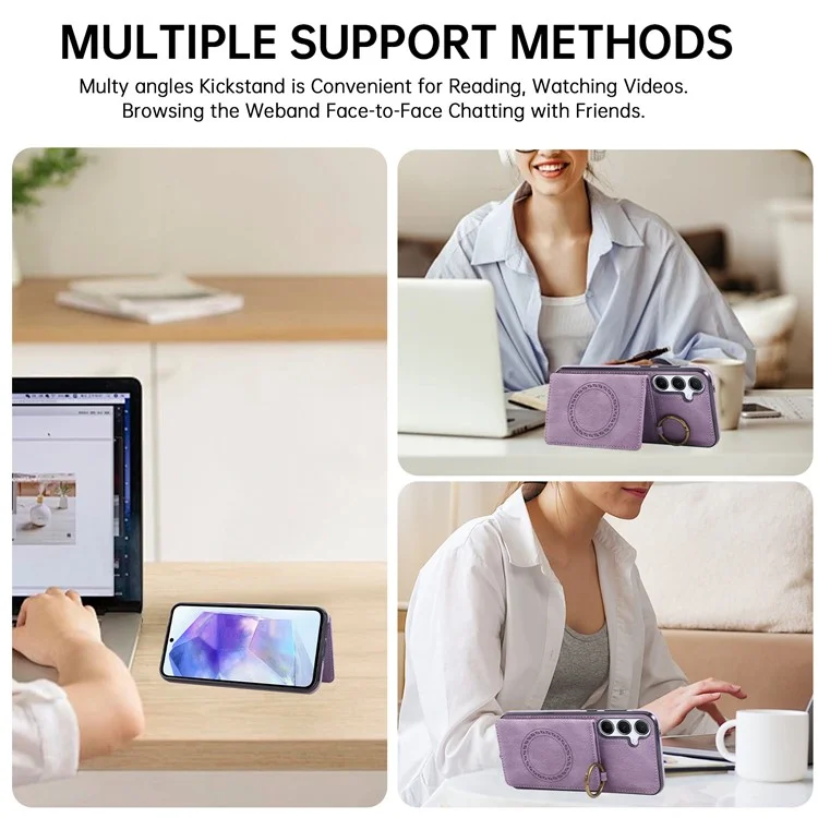 For Samsung Galaxy A56 5G Case Card Holder Kickstand Leather + TPU Phone Cover with Ring Holder - Purple