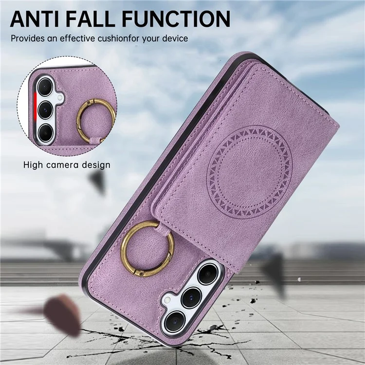 For Samsung Galaxy A56 5G Case Card Holder Kickstand Leather + TPU Phone Cover with Ring Holder - Purple