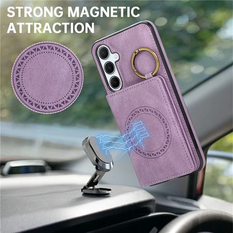 For Samsung Galaxy A56 5G Case Card Holder Kickstand Leather + TPU Phone Cover with Ring Holder - Purple