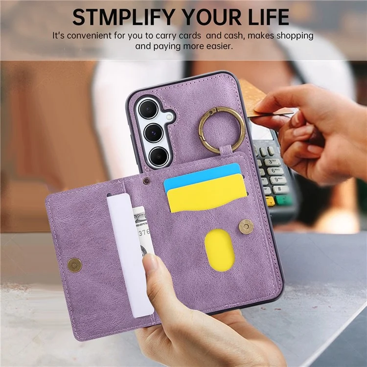 For Samsung Galaxy A56 5G Case Card Holder Kickstand Leather + TPU Phone Cover with Ring Holder - Purple