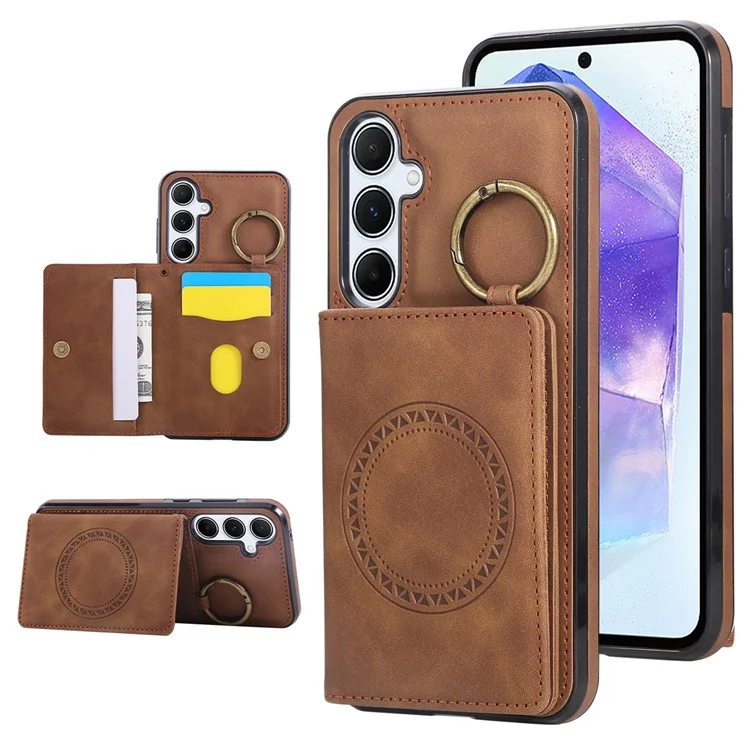 For Samsung Galaxy A36 5G Case Card Holder Kickstand Leather + TPU Phone Cover with Ring Holder - Brown