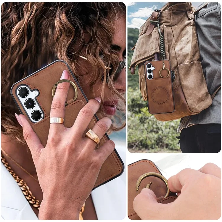 For Samsung Galaxy A36 5G Case Card Holder Kickstand Leather + TPU Phone Cover with Ring Holder - Brown