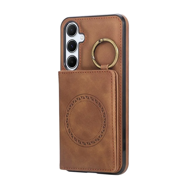For Samsung Galaxy A36 5G Case Card Holder Kickstand Leather + TPU Phone Cover with Ring Holder - Brown