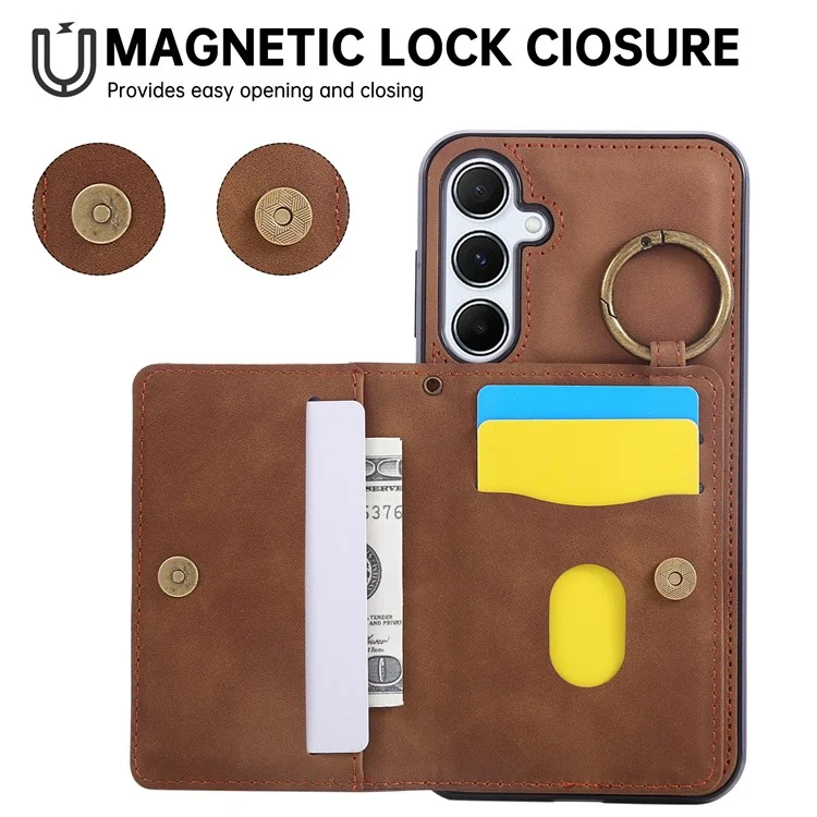 For Samsung Galaxy A36 5G Case Card Holder Kickstand Leather + TPU Phone Cover with Ring Holder - Brown