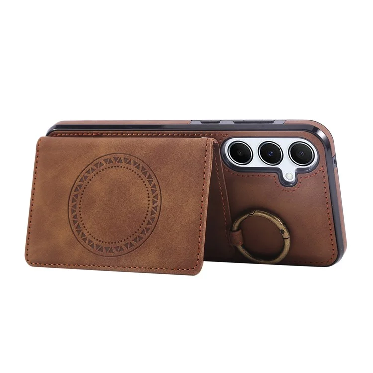 For Samsung Galaxy A36 5G Case Card Holder Kickstand Leather + TPU Phone Cover with Ring Holder - Brown