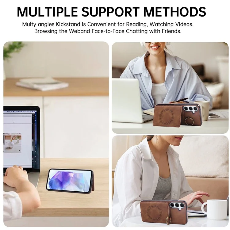 For Samsung Galaxy A36 5G Case Card Holder Kickstand Leather + TPU Phone Cover with Ring Holder - Brown
