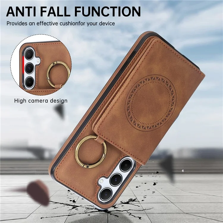 For Samsung Galaxy A36 5G Case Card Holder Kickstand Leather + TPU Phone Cover with Ring Holder - Brown