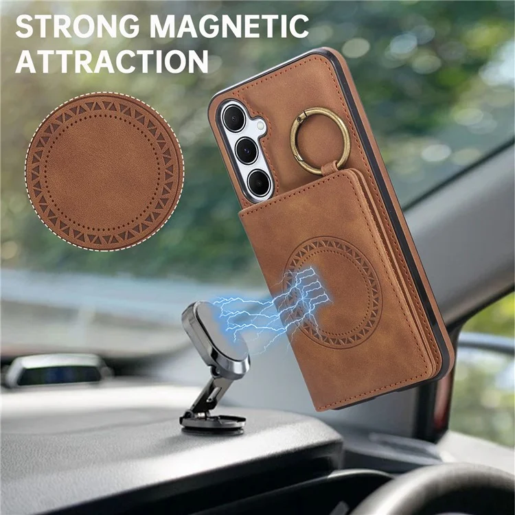 For Samsung Galaxy A36 5G Case Card Holder Kickstand Leather + TPU Phone Cover with Ring Holder - Brown
