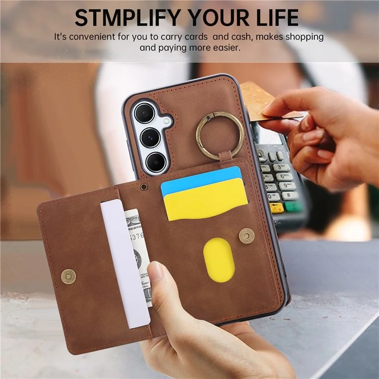 For Samsung Galaxy A36 5G Case Card Holder Kickstand Leather + TPU Phone Cover with Ring Holder - Brown