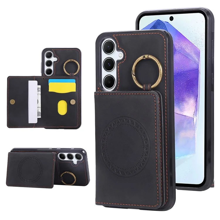 For Samsung Galaxy A16 4G / 5G Case Card Holder Kickstand Leather + TPU Phone Cover with Ring Holder - Black