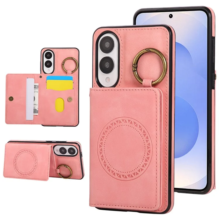 For Samsung Galaxy S25 Edge Case Card Holder Kickstand Leather + TPU Phone Cover with Ring Holder - Rose Gold