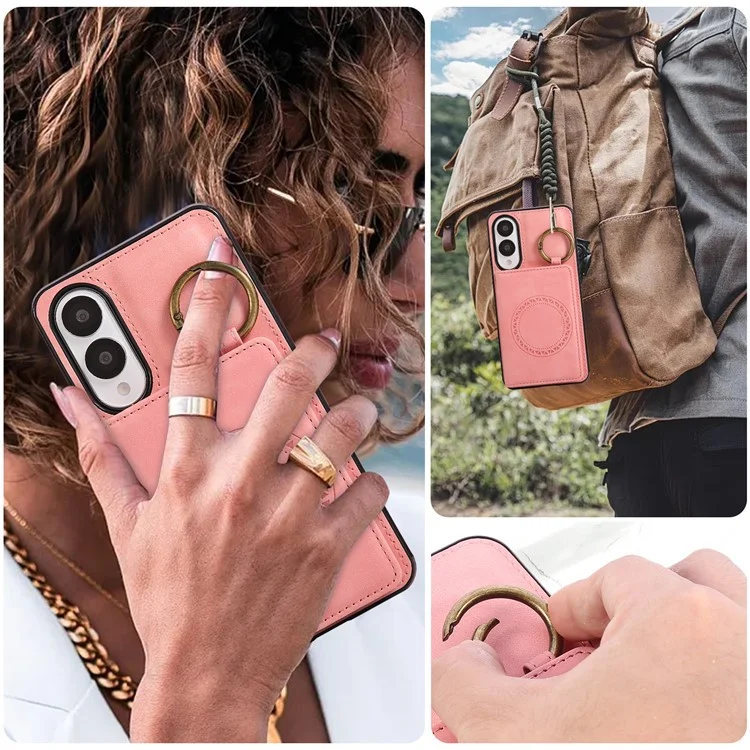 For Samsung Galaxy S25 Edge Case Card Holder Kickstand Leather + TPU Phone Cover with Ring Holder - Rose Gold