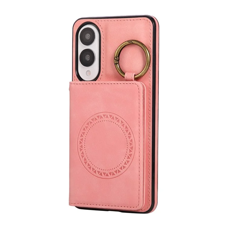 For Samsung Galaxy S25 Edge Case Card Holder Kickstand Leather + TPU Phone Cover with Ring Holder - Rose Gold