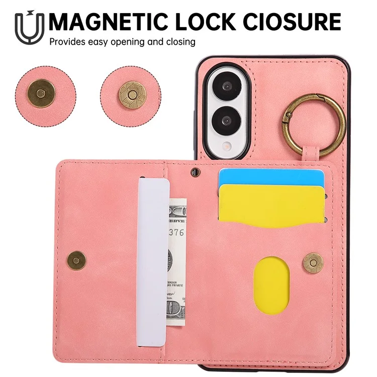 For Samsung Galaxy S25 Edge Case Card Holder Kickstand Leather + TPU Phone Cover with Ring Holder - Rose Gold