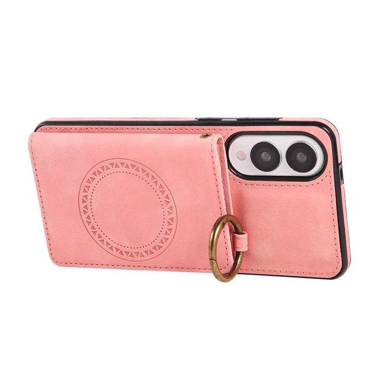 For Samsung Galaxy S25 Edge Case Card Holder Kickstand Leather + TPU Phone Cover with Ring Holder - Rose Gold